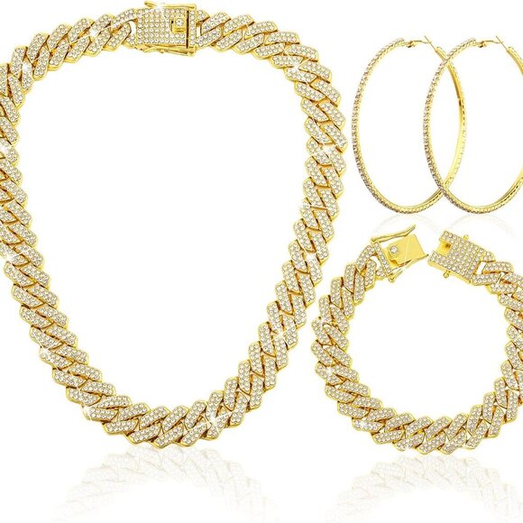 3 Pcs Cuban Link Chain Necklace Bracelet Rhinestone Hoop Earrings Bling Crystal - Picture 1 of 6
